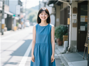 亚洲街头蓝色连衣裙美女摄影图片